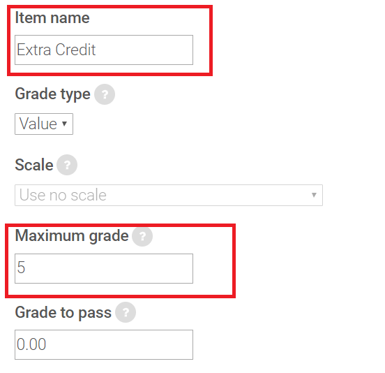 Item name and maximum grade tab