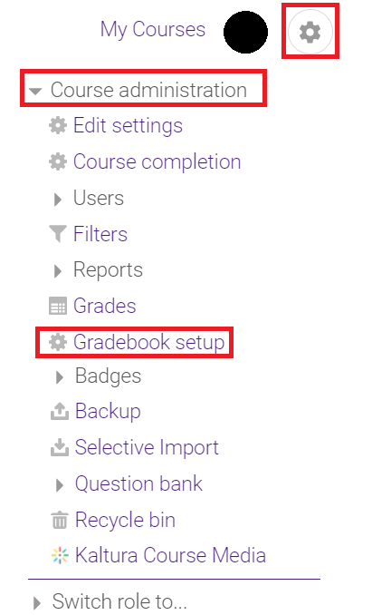 Admin gear icon, course administration, and Gradebook set up button
