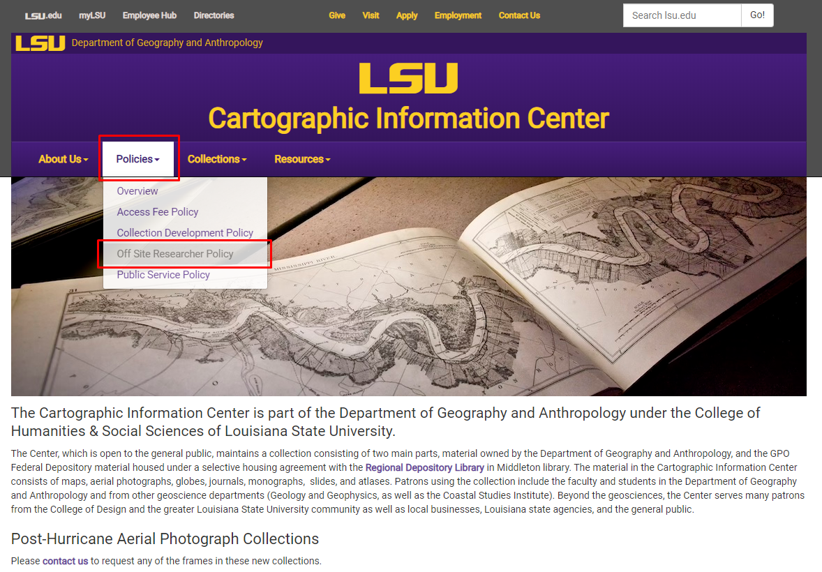 LSU CIC Policies drop down and Off site researcher policy tab