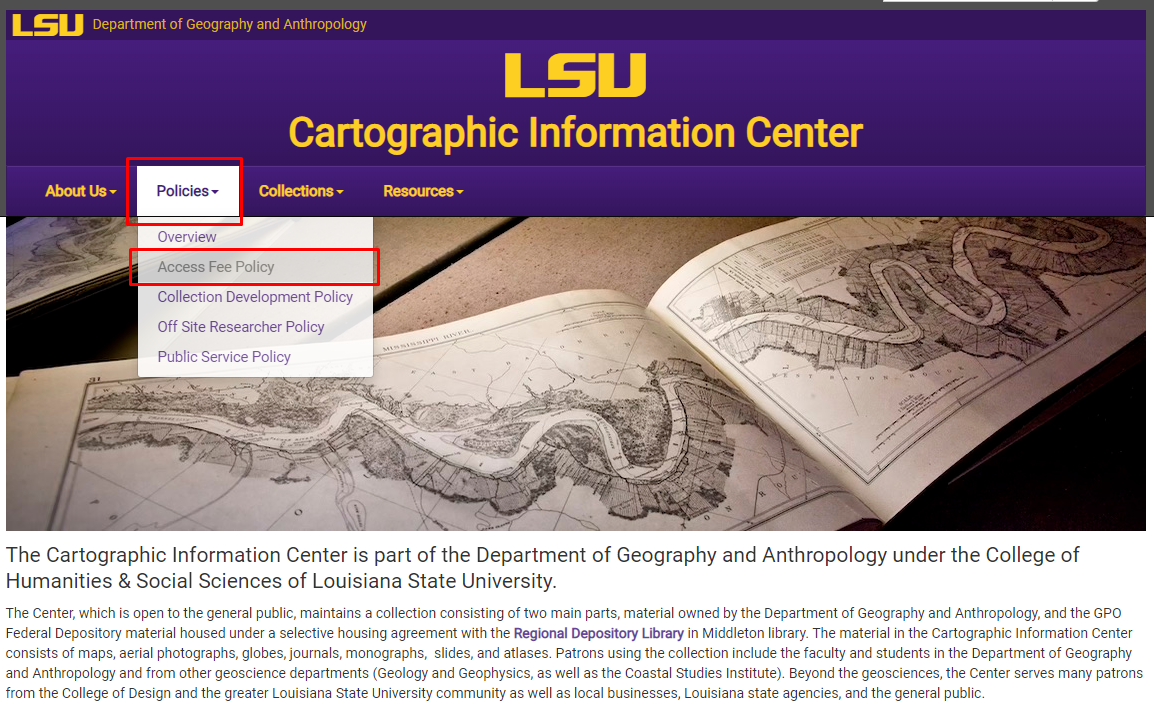 LSU CIC policies tab and access fee policy option