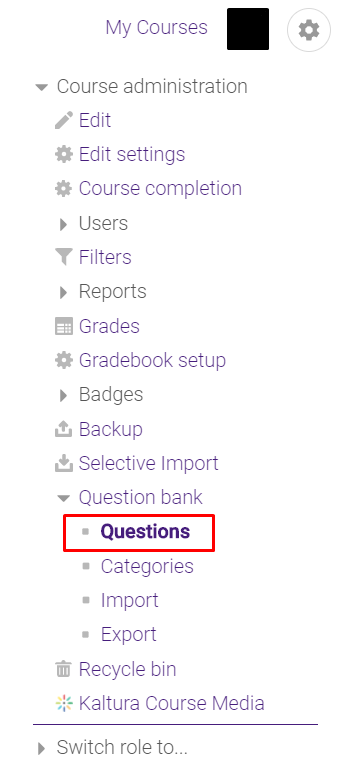 Questions tab under question bank folder