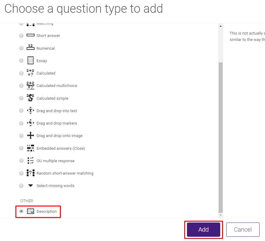 Description option from sidebar and add button
