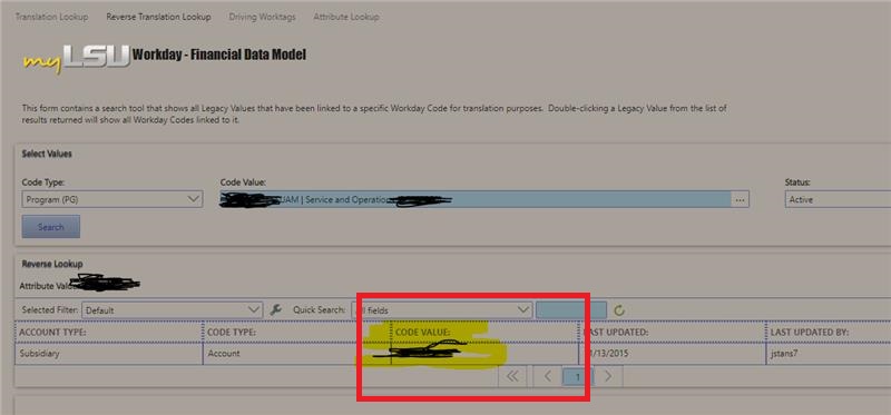 Legacy code under the Reverse Lookup section in Code Value