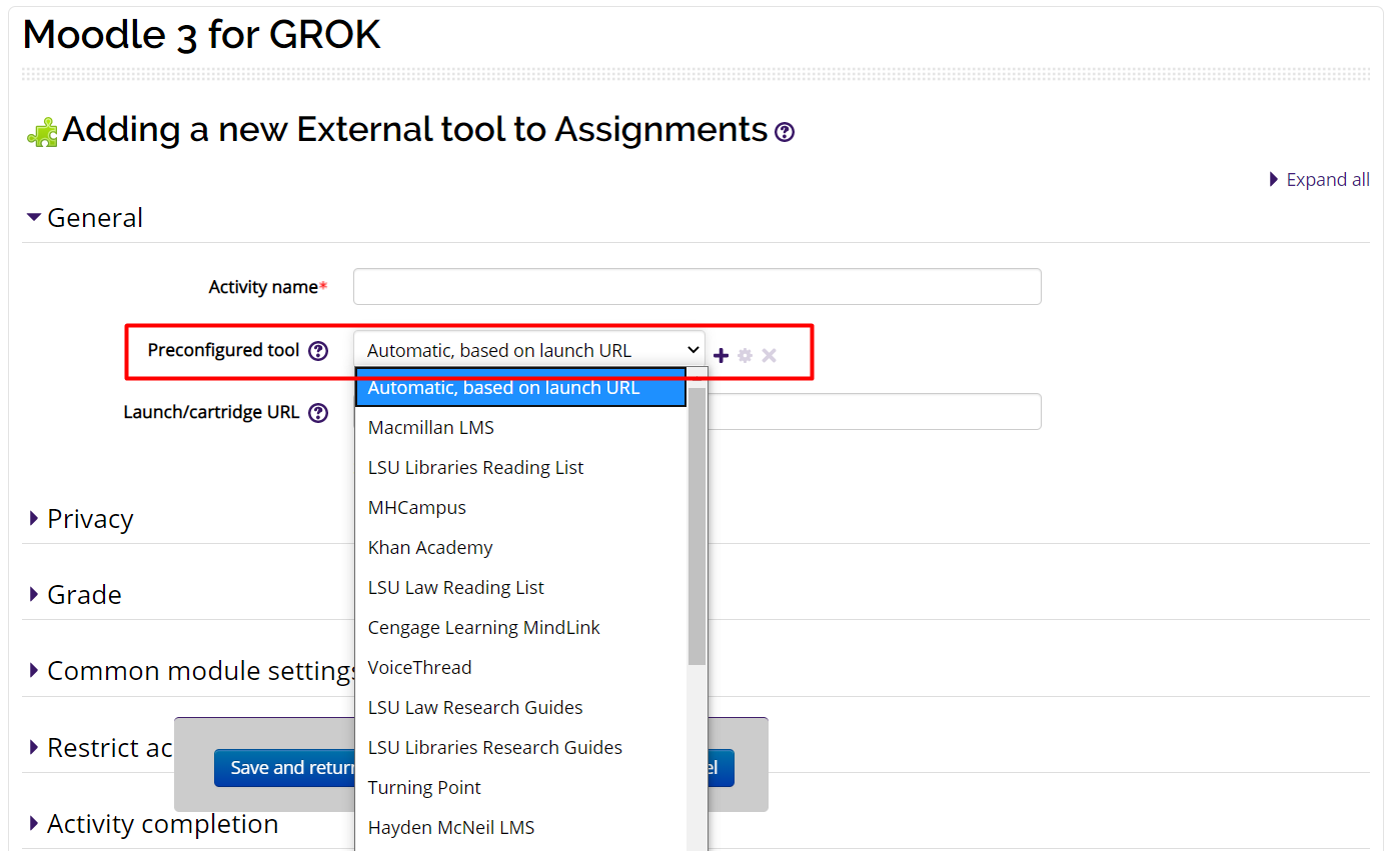 External Tools settings in Moodle, showing activity name, preconfigured tool, and Launch URL