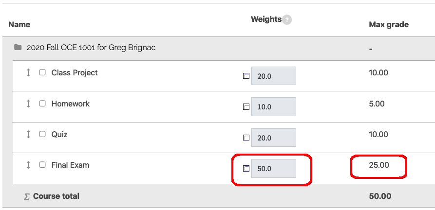 Natural with max grades totaling 50, weight percentages are automatically calculated to total 100