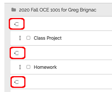 Gradebook setup depicting all possible drop points for an item to be relocated
