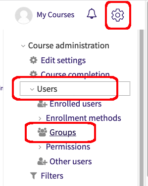 Course Administration menu with Users and Groups highlighted