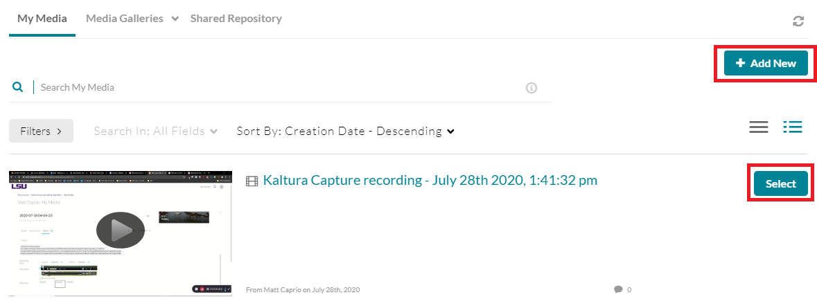 Embed menu - select or add new media