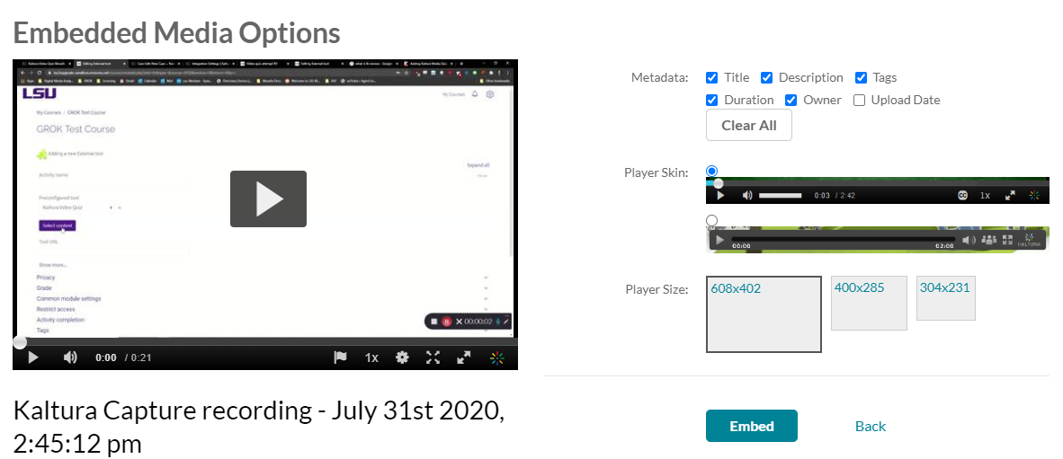 Kaltura embed options