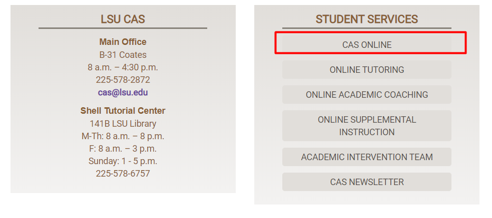 CAS online link located under student services on the CAS website