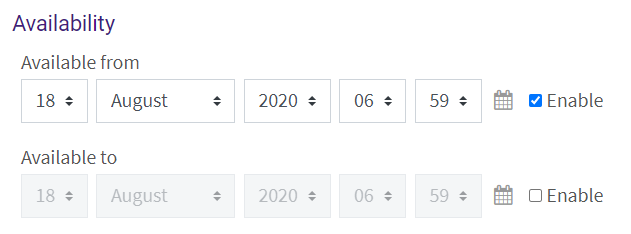 availability settings in SCORM package settings