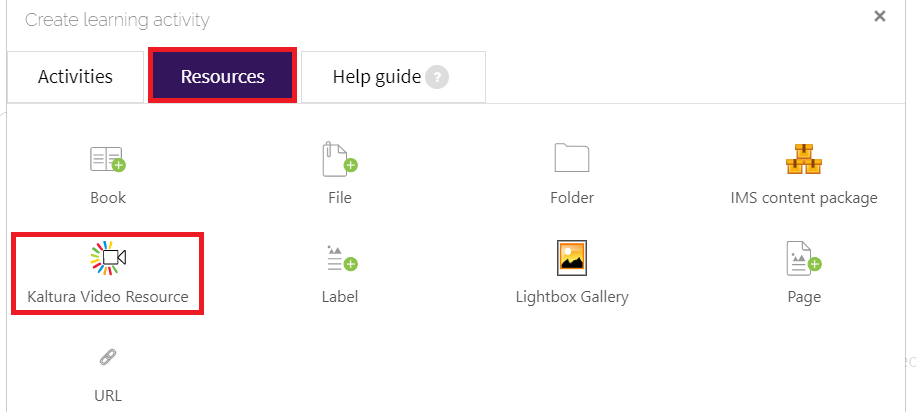 selecting kaltura video resource under the resources menu option