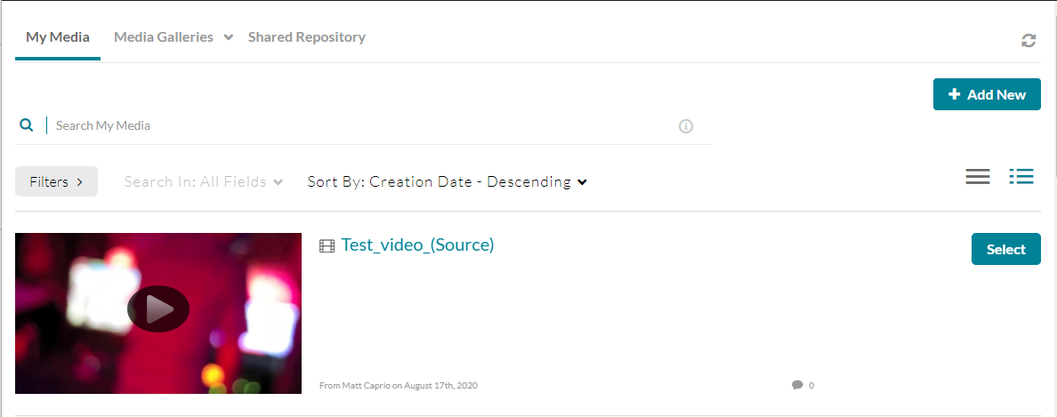 selecting or adding a new kaltura video