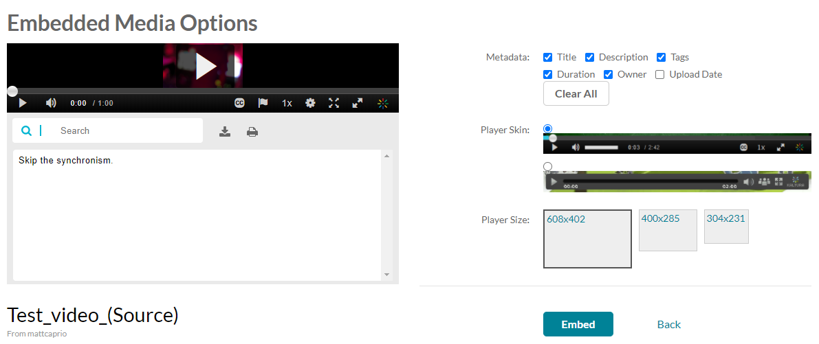 Kaltura media options window