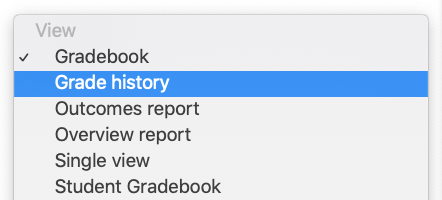 Gradebook dropdown menu with "Grade history" highlighted