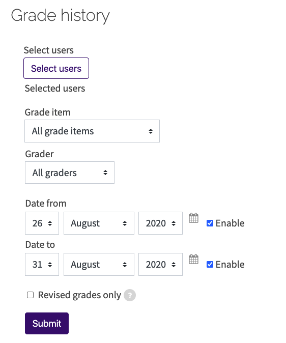 Grade history options screen with "from" and "to" dates enabled