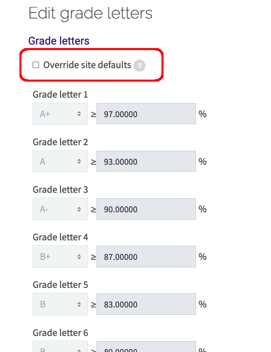Edit grade letters screen with Override checkbox highlighted