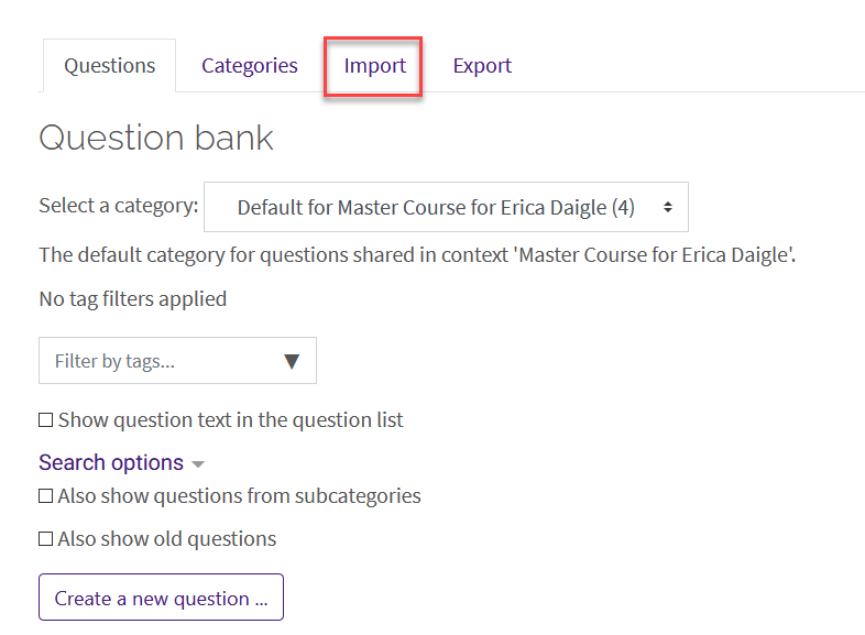question bank with import tab selected