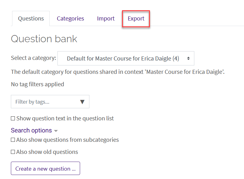 question bank with the export tab selected