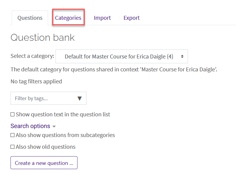 question bank page with categories tab selected