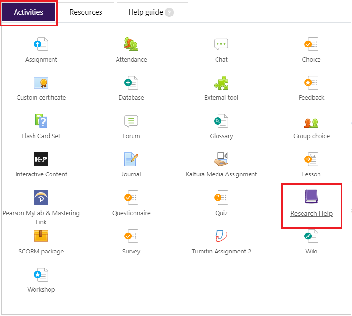Activities tab with Research Help highlighted