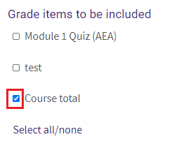 Grade items to be selected with Course total selected