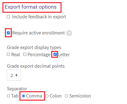 Export format options with Required active enrollment selected, Grade export display types with Letter selected and Separator with Comma selected.