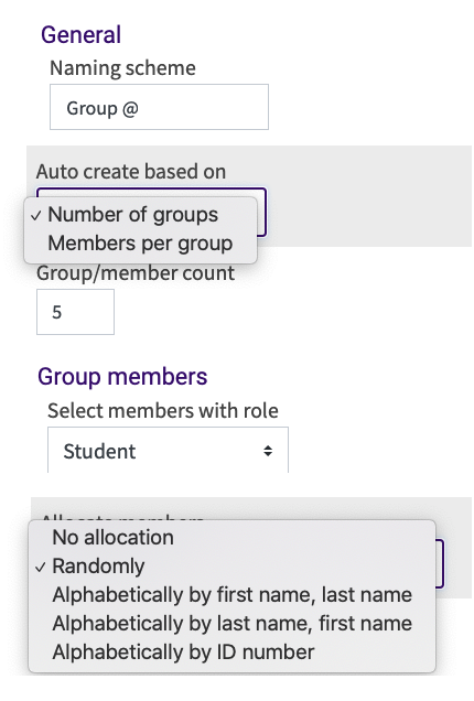 Auto create groups dialog box with all dropdown menus expanded