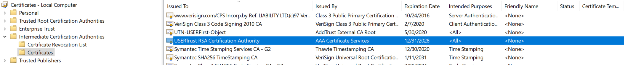 USERTrust RSA Certification Authority listed in Certificate Management