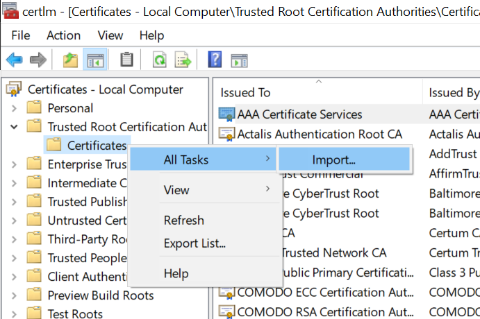 Certificates folder at the left, with All Tasks selected, Import option highlighted