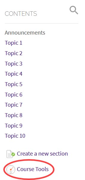 Course Tools link at bottom of Table of Contents on course front page