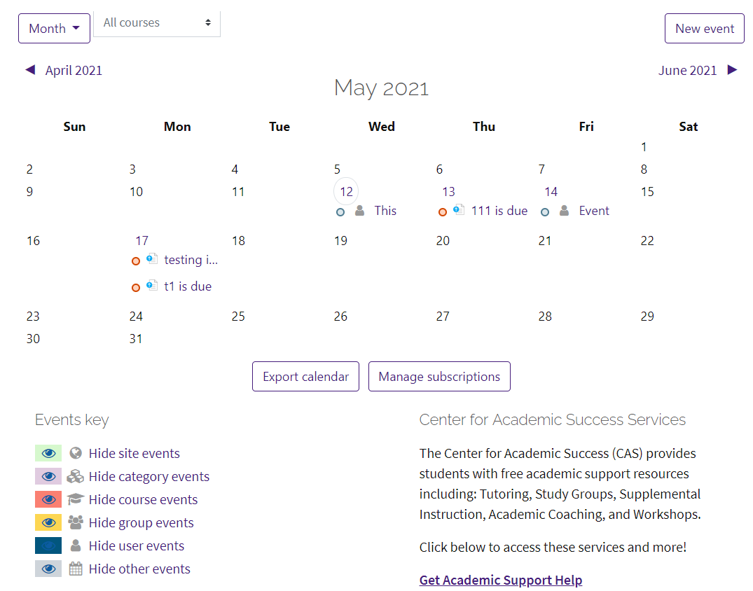 Full view moodle calendar