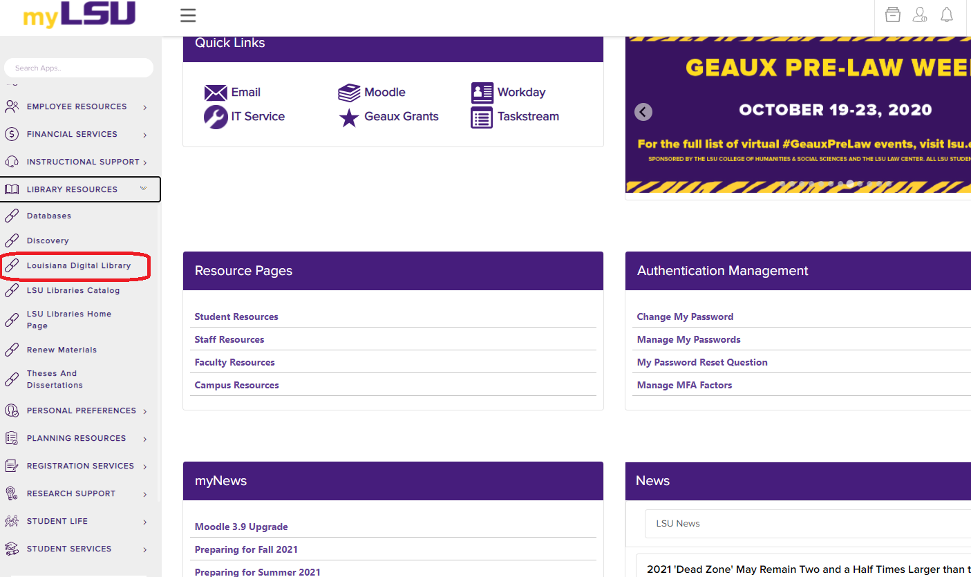 Louisiana Digital Library link under Library Resources