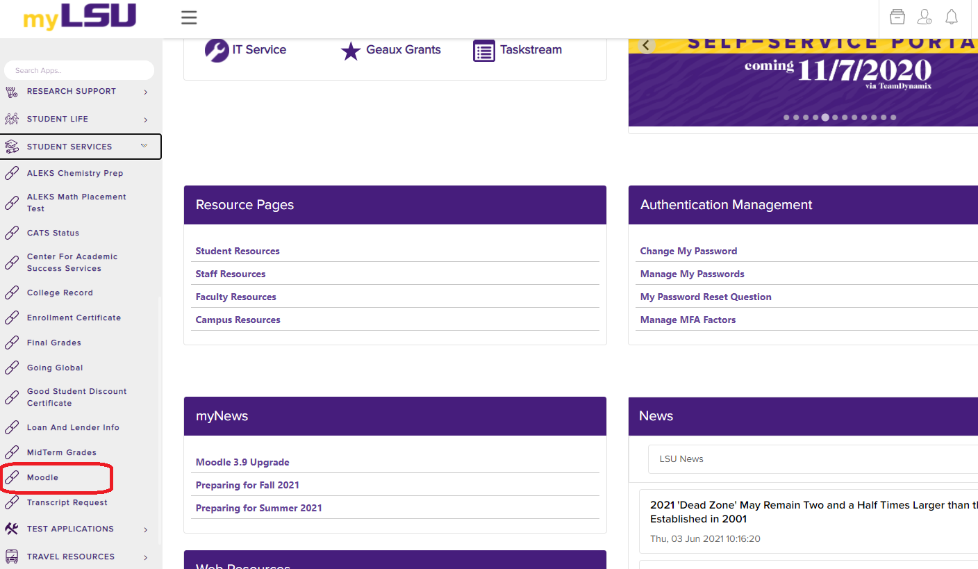 Moodle link under Student Services