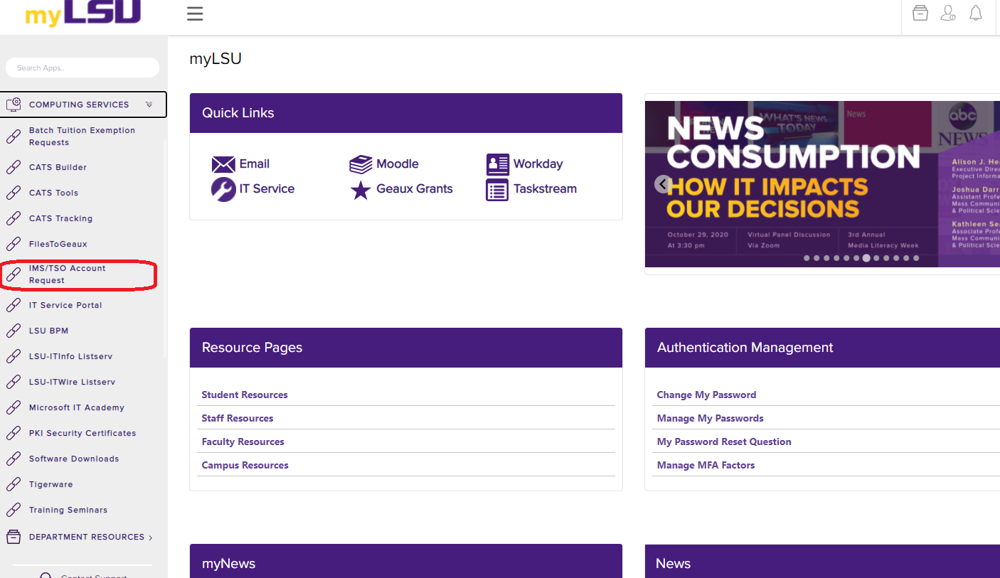 IMS/TSO Account Request link under Computing Services