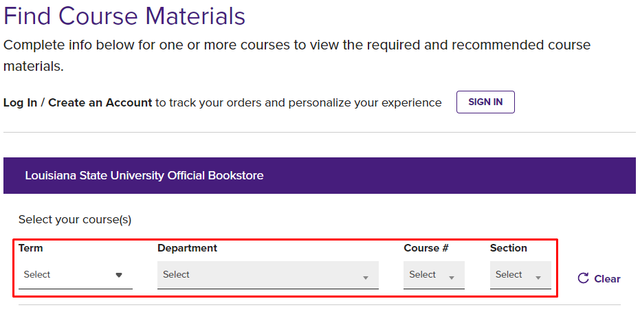 LSU bookstore page to find course material through term, department, course number, and section