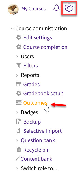 Moodle Admin menu with Outcomes under Course administration.