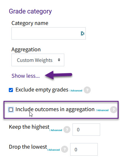 Include outcomes in aggregation gradebook category setting