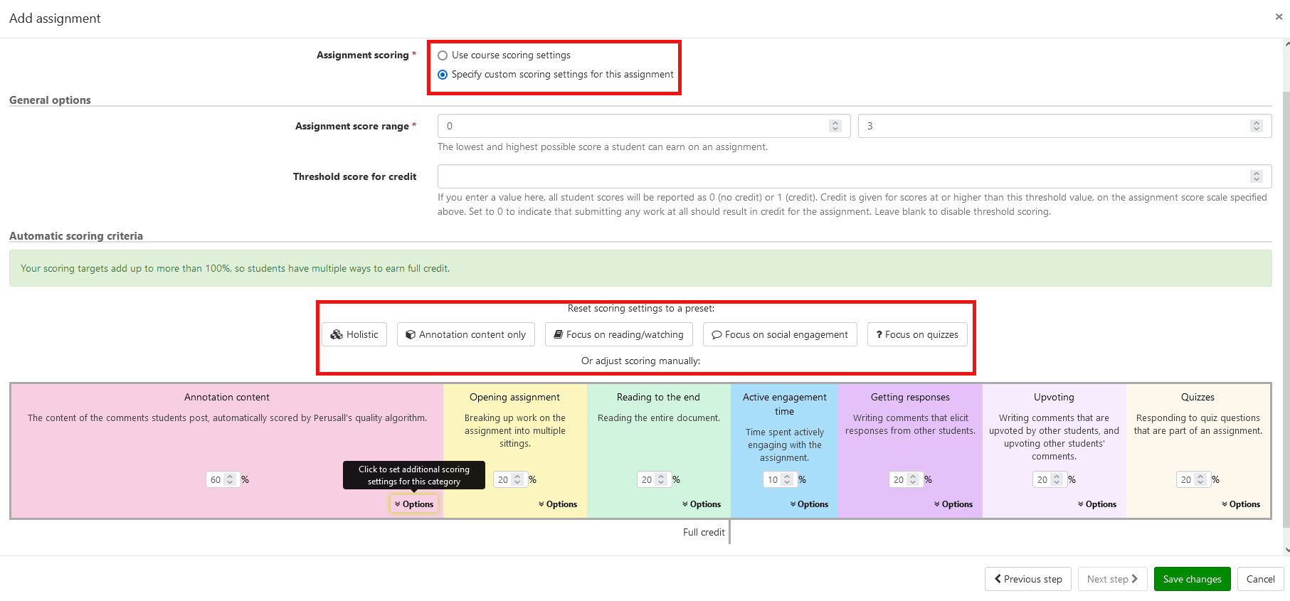 Perusall's assignment scoring settings