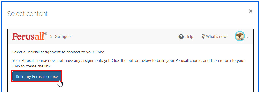 Build my Perusall course button on Select content page
