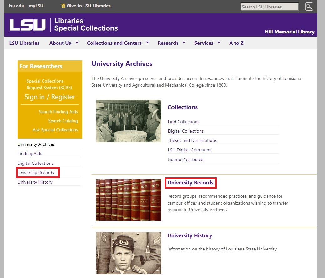 University records management options on special collections site.