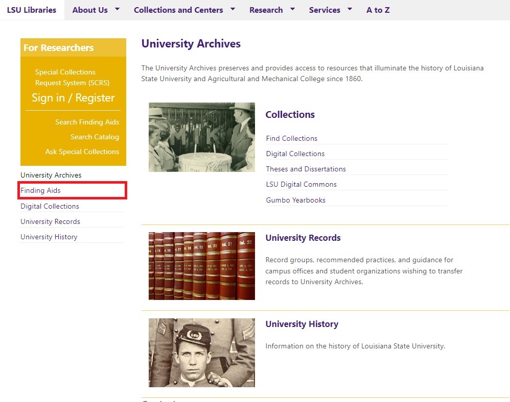 Finding aids option selected on university archives page