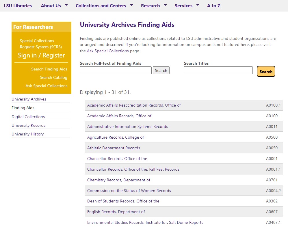 University archives finding aids screen