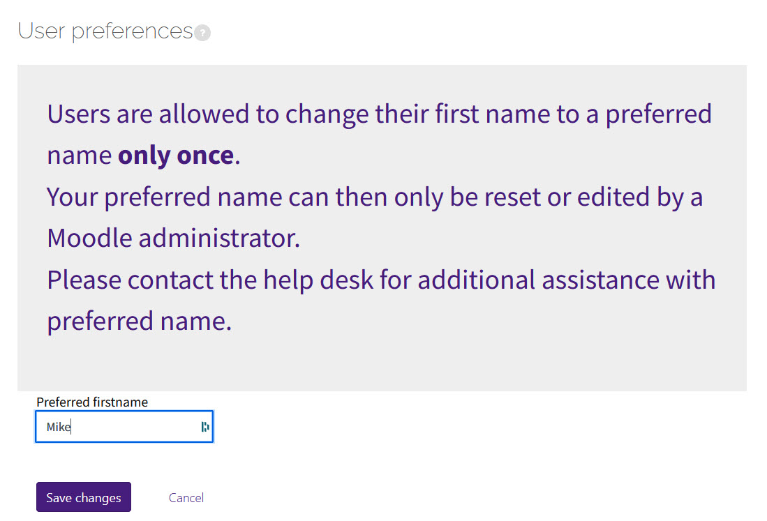 The user preferences screen to set a preferred first name