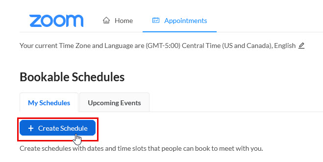 Zoom tool's create schedule option.
