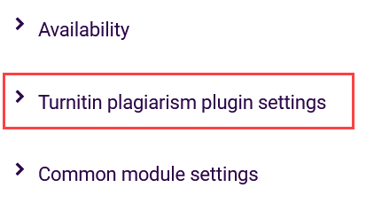 The activity menu with the Turnitin Plagiarism plugin settings selected.