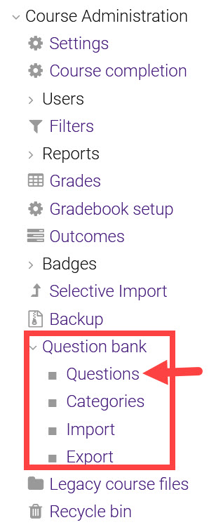 Course admin menu with question bank highlighted