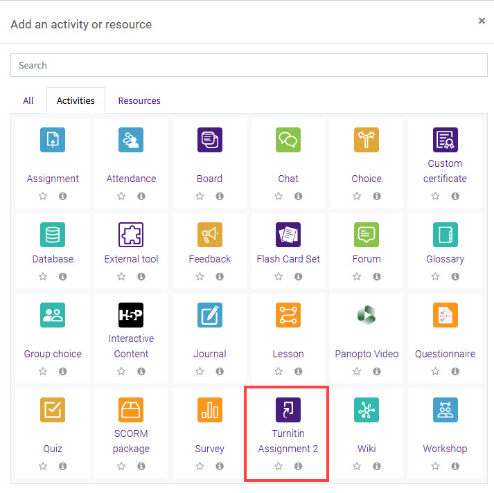 Activity chooser with Turnitin Assignment 2 highlighted