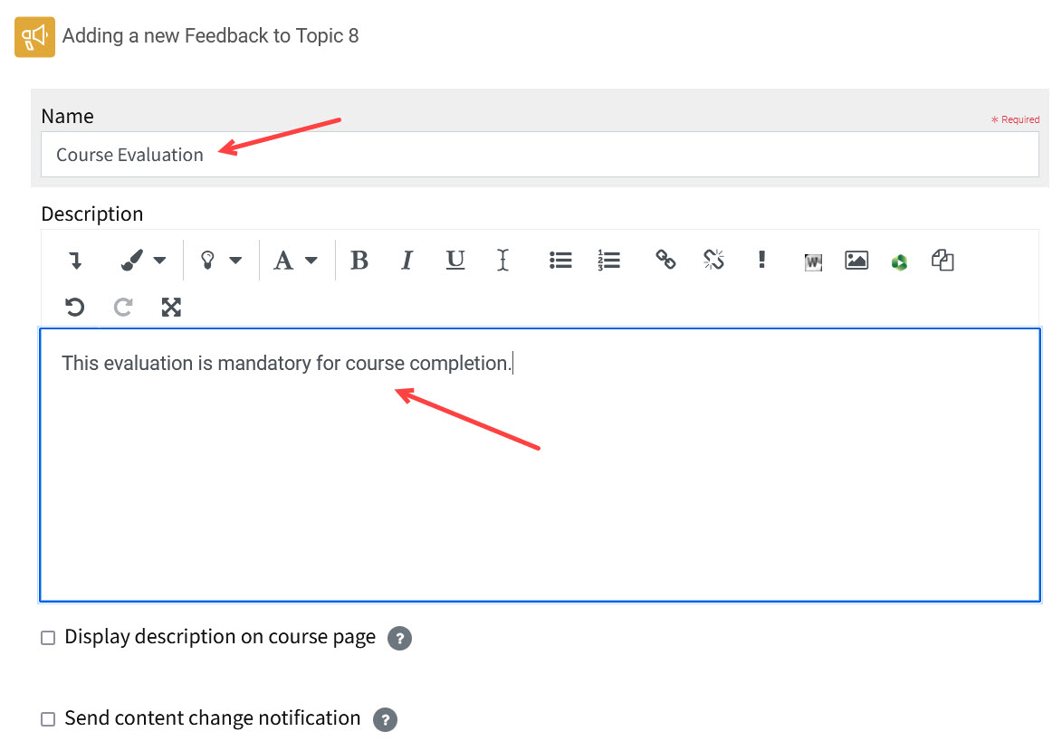 Feedback settings showing Name and Description fields