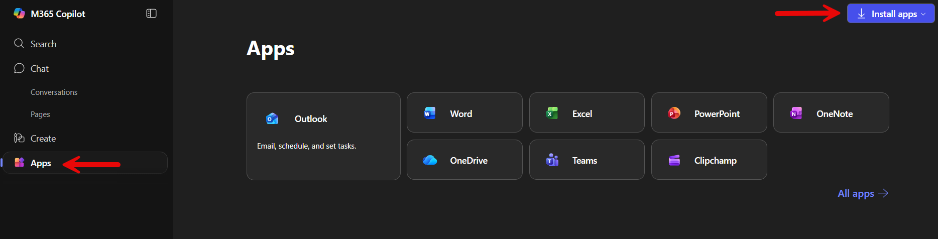 Apps link in sidebar